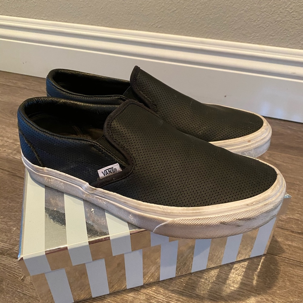 Vans black leather slip on